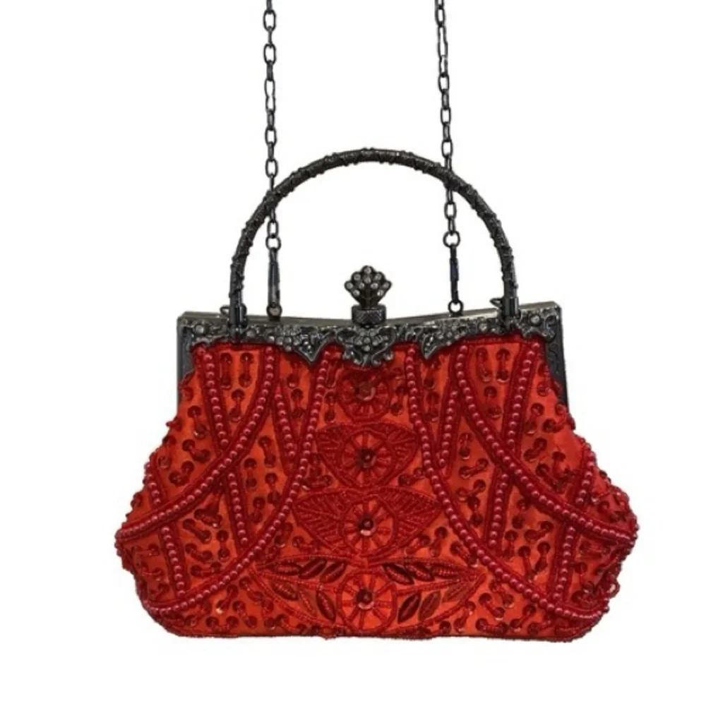 Red Beaded Evening Crossbody Bag with Silver Hardware - Picture 4 of 10